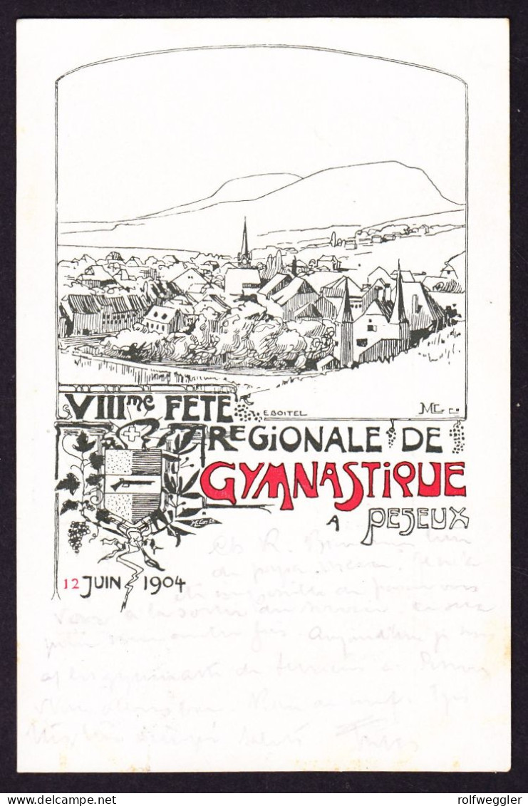 1904 VIII. Fête Regionale De Gymnastique, Gelaufene Künstlerkarte, Vollstempel PESEUX. - Peseux