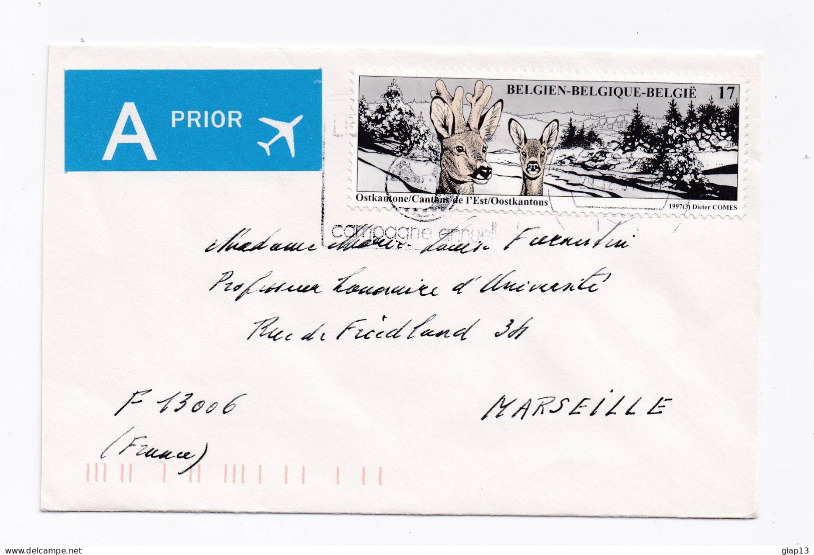 ENVELOPPE DE BELGIQUE POUR MARSEILLE DU 29/12/1997 ANIMAUX - Lettres & Documents