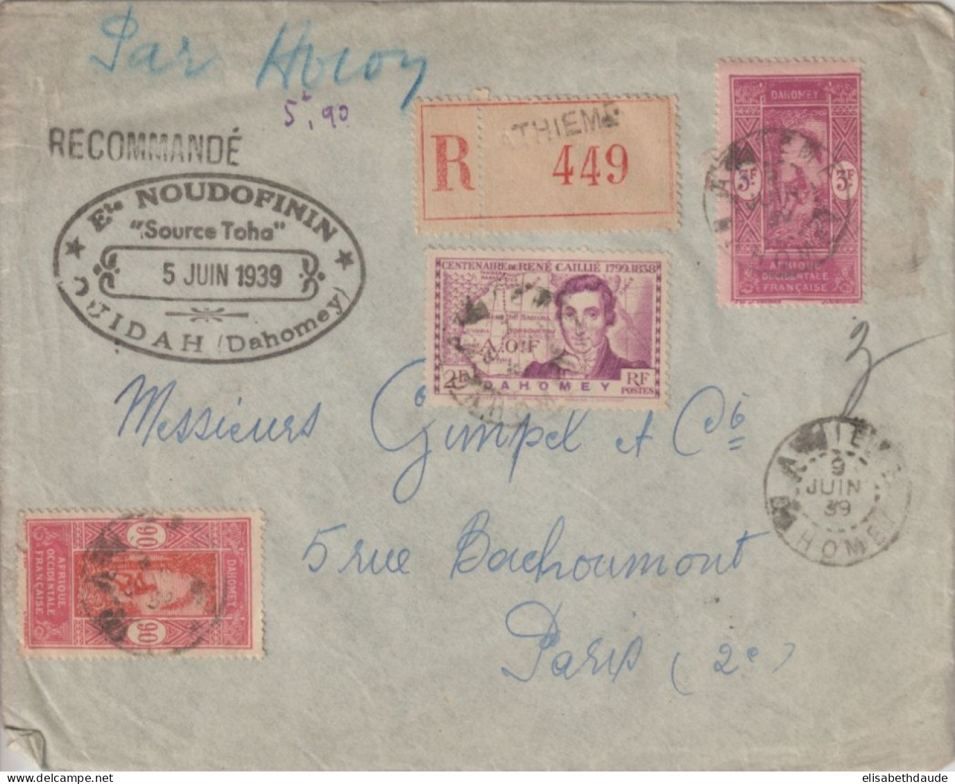 DAHOMEY - 1939 - ENVELOPPE (SOURCE TOHA à OUIDAH) RECOMMANDEE De ATHIEME => PARIS - Storia Postale