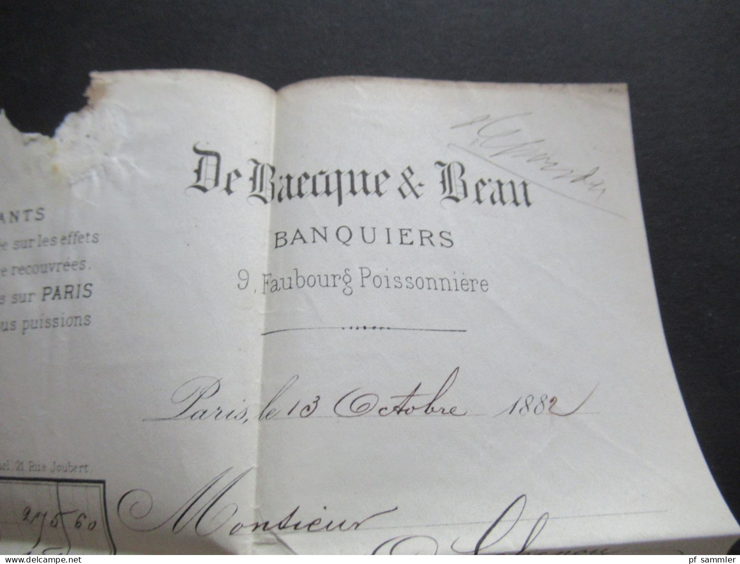 Frankreich 1882 Sage Mi.Nr.64 II EF Stempel Paris / Faltbrief mit Inhalt / Rechnung nach Cosne gesendet