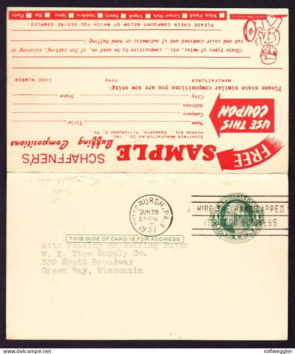 1951 1c GZ Karte Mit Antwortteil Mit Reklame (Schaffner's Manufacturing CO). 1c Washington, 1c Martha Washington - 1941-60