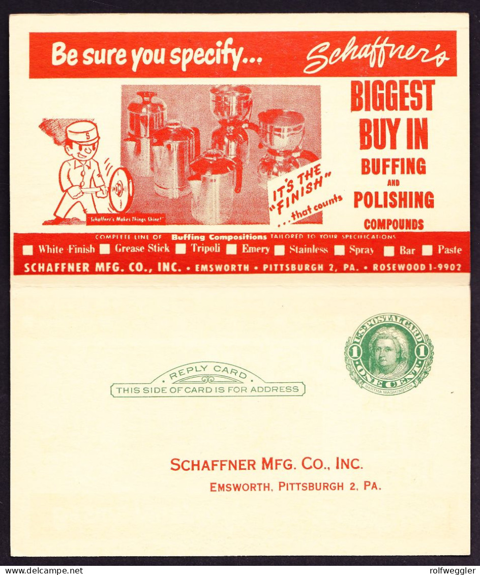 1951 1c GZ Karte Mit Antwortteil Mit Reklame (Schaffner's Manufacturing CO). 1c Washington, 1c Martha Washington - 1941-60