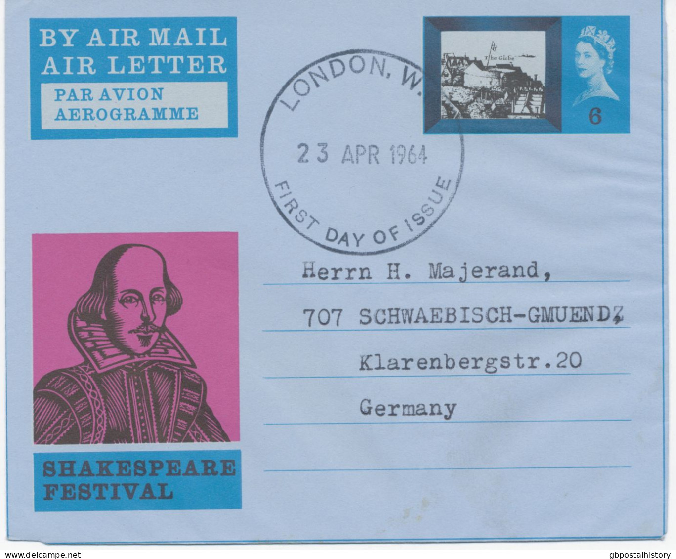 GB 23 APR 1964 SHAKESPEARE FESTIVAL 6d AIR LETTERS FDC's (BOTH!!) CDS 37mm FDI LONDON.W. / FIRST DAY OF ISSUE - Correct - Brieven En Documenten
