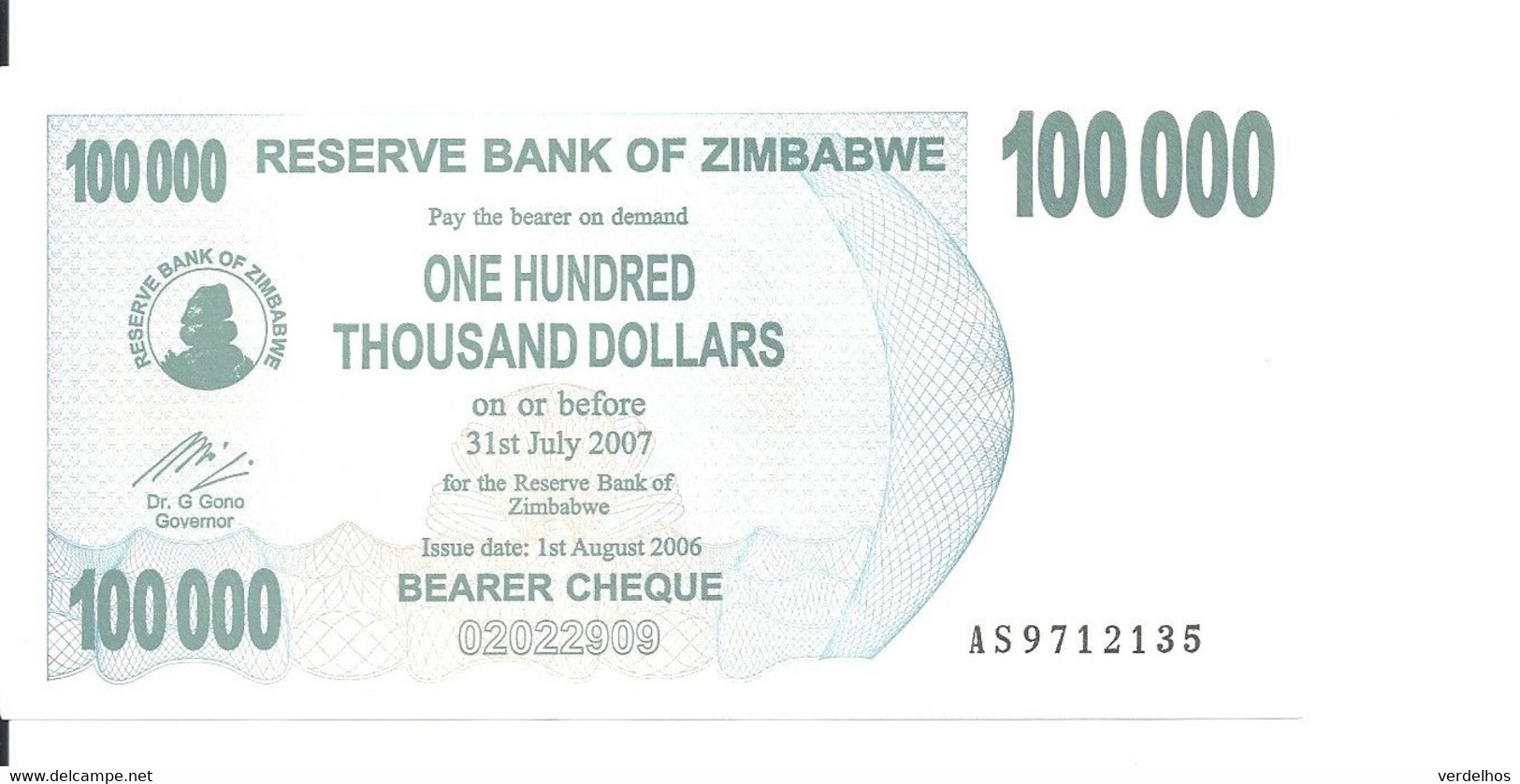 ZIMBABWE 100000  DOLLARS  BEARER CHEQUE  2006 AUNC P 48 B - Zimbabwe