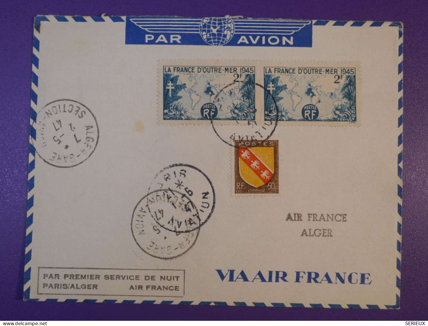 DG5   FRANCE   BELLE LETTRE  1947 1ER SERVICE PARIS ALGER AIR FRANCE    +AEROPHILATELIE +AFF. INTERESSANT+++ - Erst- U. Sonderflugbriefe