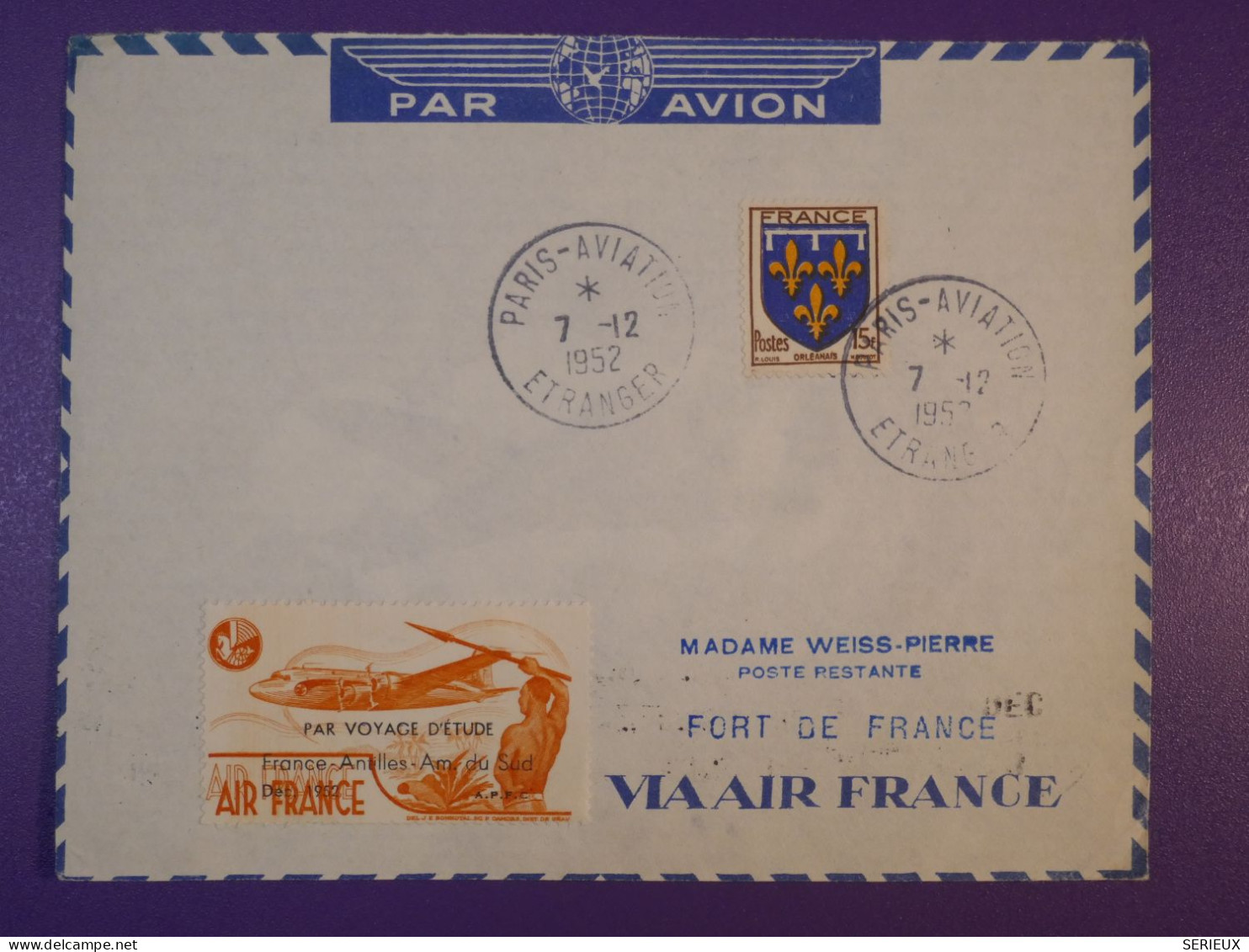 DG5   FRANCE  MARTINIQUE  BELLE LETTRE  1952 PARIS FORT DE FRANCE .+VIGNETTE ++ AIR FRANCE    +AEROPHILATELIE + - Erst- U. Sonderflugbriefe