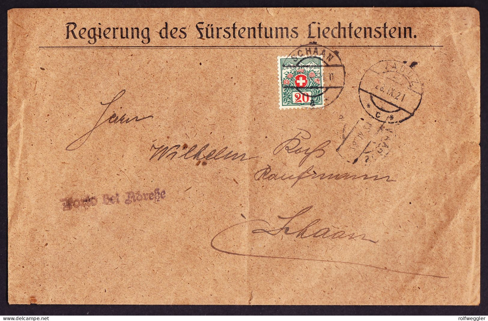1921 Amtsbrief Aus Vaduz Nach Schaan. Schweizer Portomarke 20 Rp, Gestempelt SCHAAN. (Porto Bei Adresse) - Storia Postale