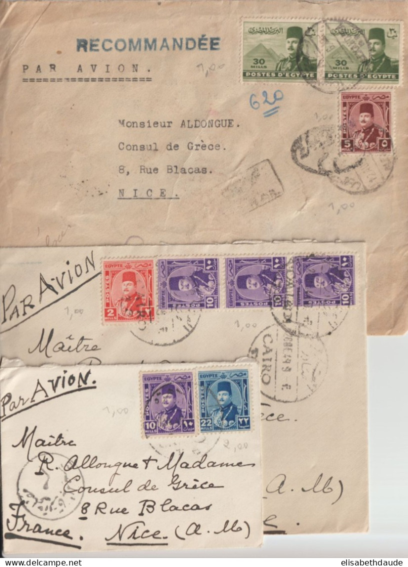 EGYPTE - 1949/1950 - 3 ENVELOPPES Avec CENSURES Dont UNE RECOMMANDEE De ALEXANDRIE / CAIRE => CONSUL De GRECE à NICE - Brieven En Documenten