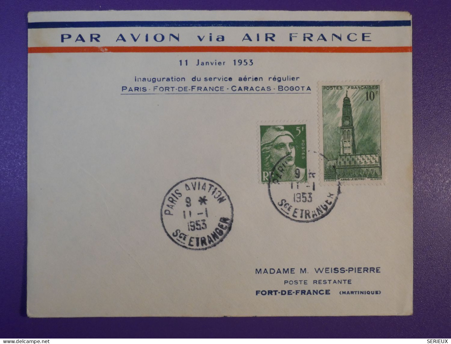 DG5   FRANCE   BELLE LETTRE 1953  PARIS A FORT DE FRANCE  +  +AEROPHILATELIE + - Premiers Vols