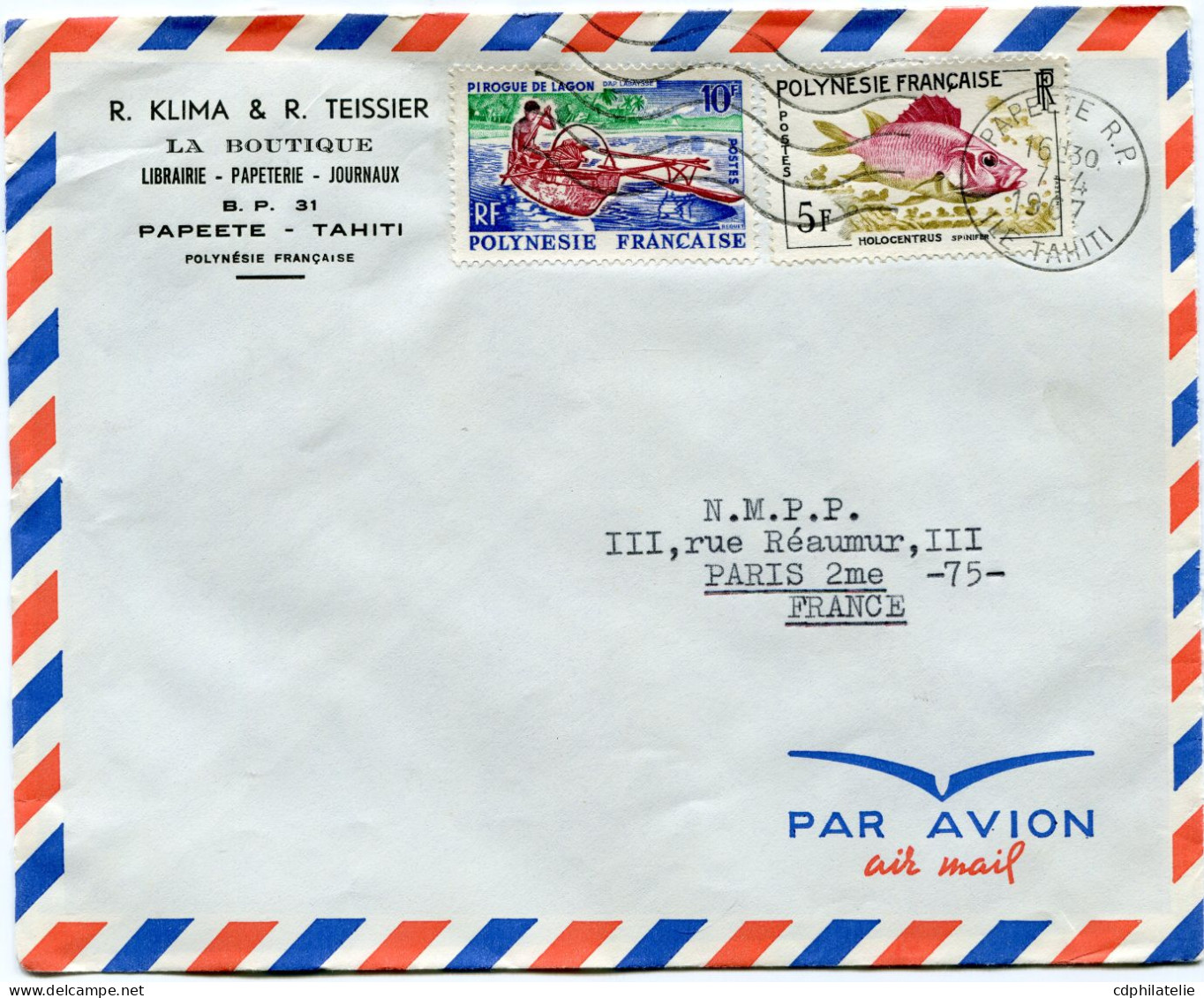 POLYNESIE FRANCAISE LETTRE PAR AVION DEPART PAPEETE 7-4-1967 POUR LA FRANCE - Storia Postale