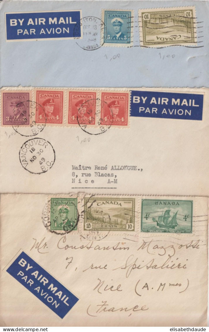 CANADA - 1948/1949 - 3 ENVELOPPES Par AVION De EDMONTON/VANCOUVER/CORNWALL => NICE - Covers & Documents