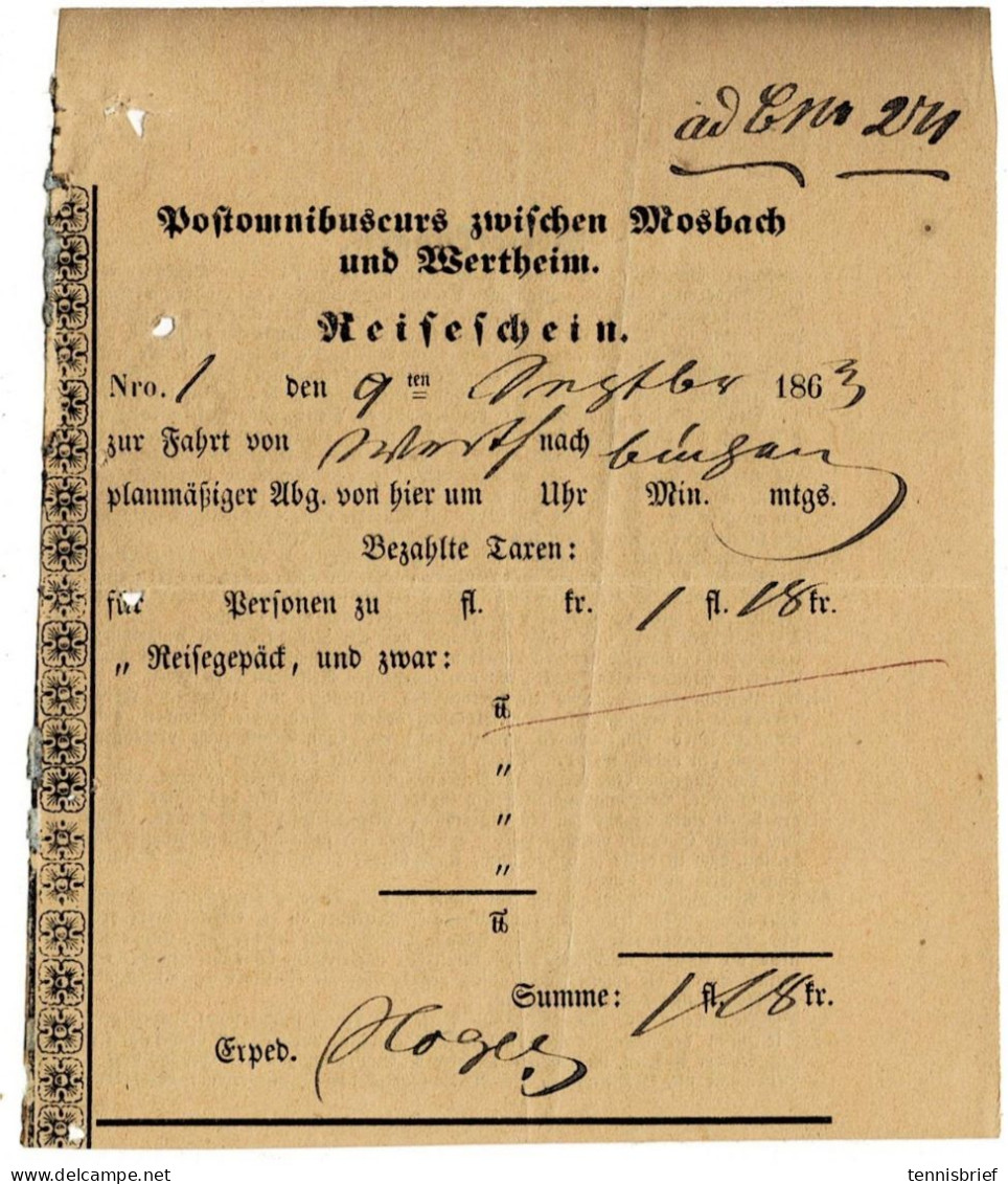 1863, " Mosbach " Selt. Reiseschein " Postomnibus" A 8055 - Briefe U. Dokumente