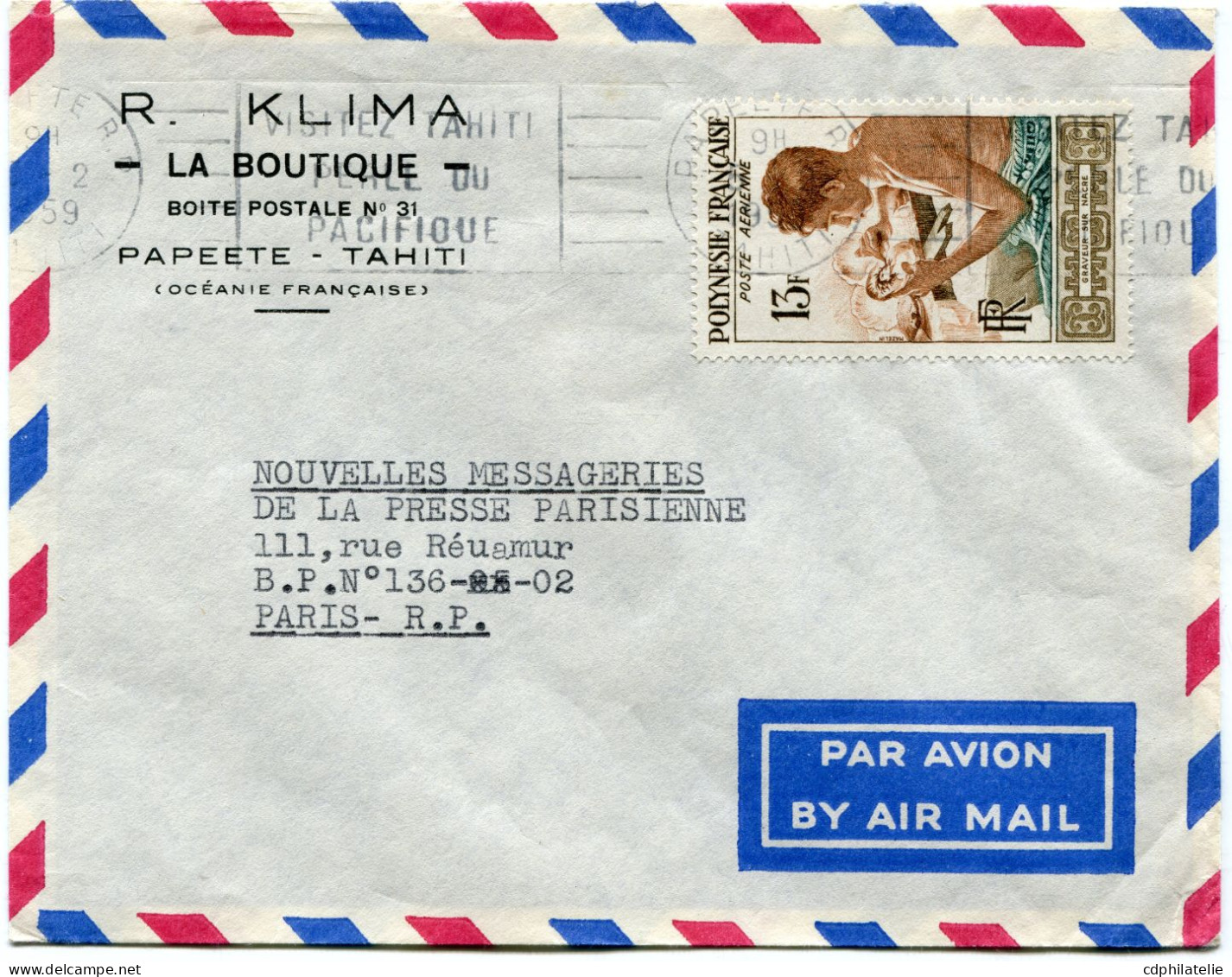 POLYNESIE FRANCAISE LETTRE PAR AVION DEPART PAPEETE 5-2-1959 POUR LA FRANCE - Covers & Documents