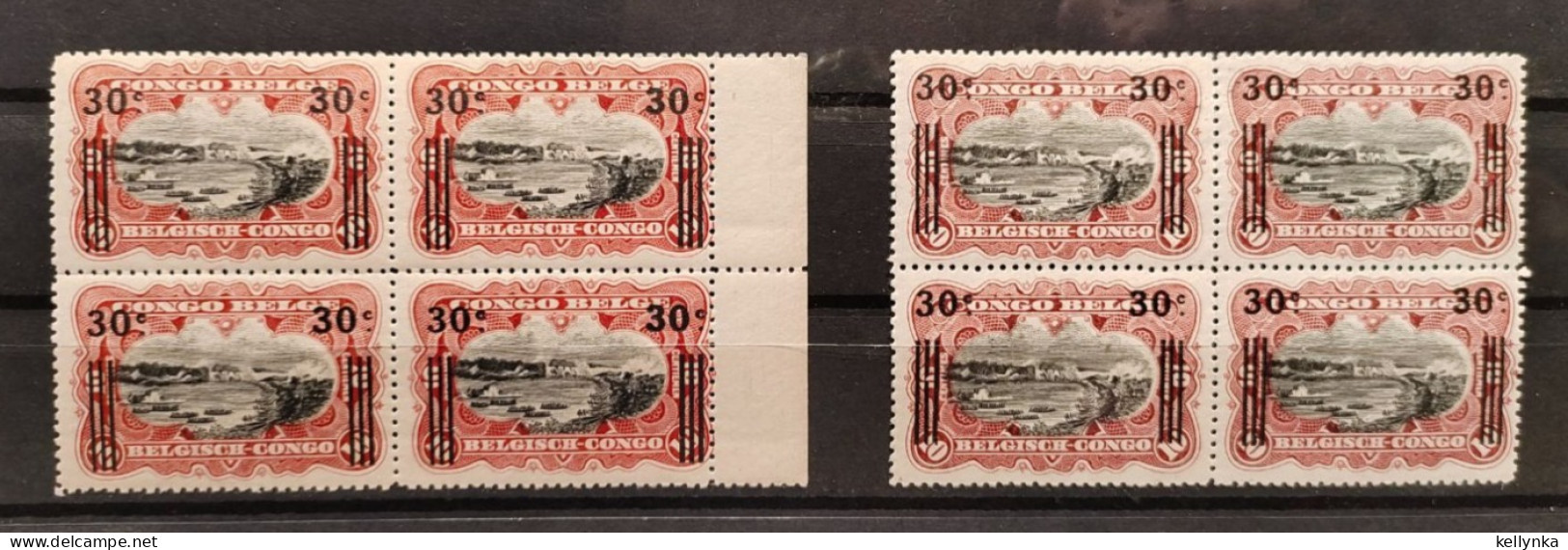 Congo Belge - 89 - 2 Blocs De 4 - Nuances - Carmin & Carmin-Laque - Récupération - 1921 - MNH & MH - Unused Stamps