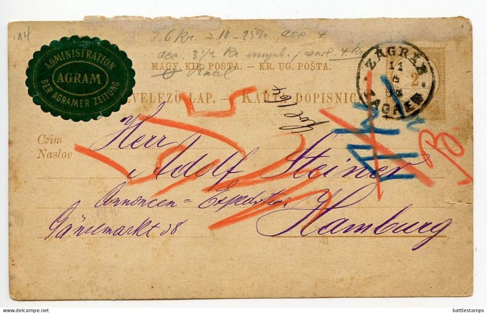 Hungary 1889 2k. Crown & Post Horn Postal Card - Zagrab / Zagreb To Hamburg, Germany - Interi Postali