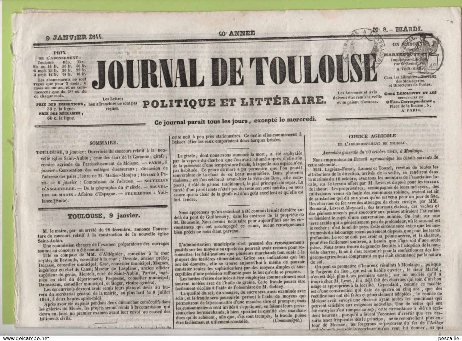 JOURNAL DE TOULOUSE 09 01 1844 - FRAUDE ALIMENTS - GIRAFE - EGLISE SAINT AUBIN - ALBI - COMICE AGRICOLE MOISSAC MONTAIGU - 1800 - 1849