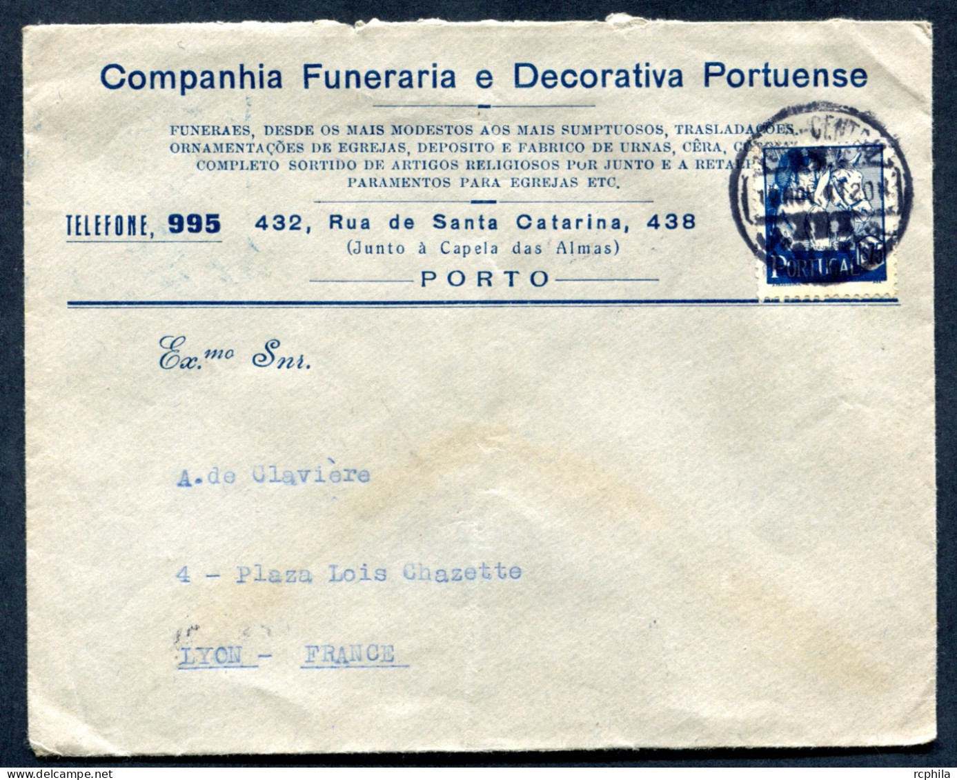 RC 26738 PORTUGAL ENVELOPPE A ENTETE COMPAGNIE FUNERAIRE ILLUSTRÉE D'UN CORBILLARD AU VERSO LETTRE POUR LA FRANCE - Covers & Documents