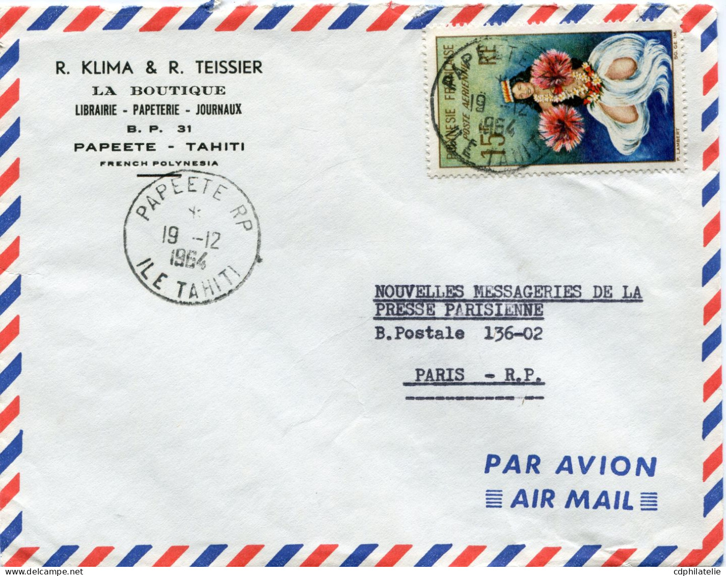 POLYNESIE FRANCAISE LETTRE PAR AVION DEPART PAPEETE 19-12-1964 POUR LA FRANCE - Storia Postale