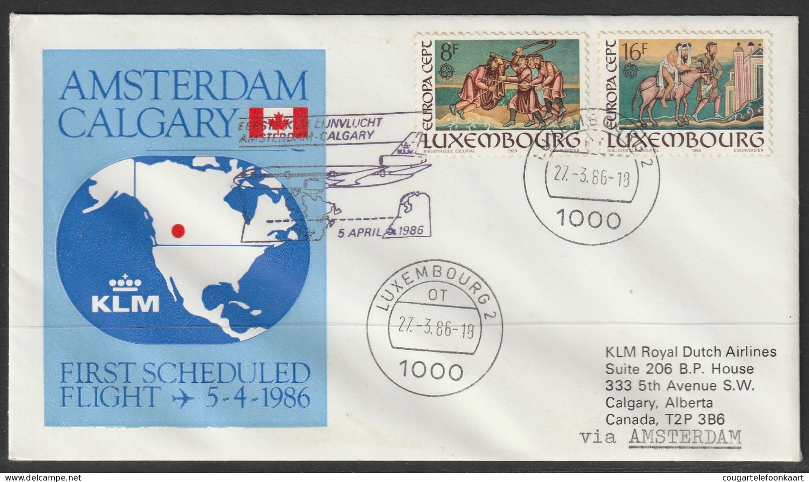 1986, KLM, First Flight Cover, Luxembourg-Calgary Canada, Feeder Mail - Briefe U. Dokumente