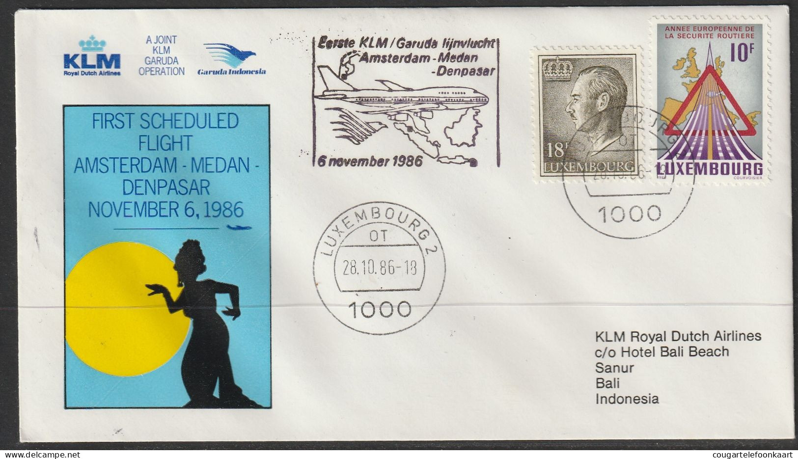 1986, KLM, First Flight Cover, Luxembourg-Medan Indonesia, Feeder Mail - Brieven En Documenten