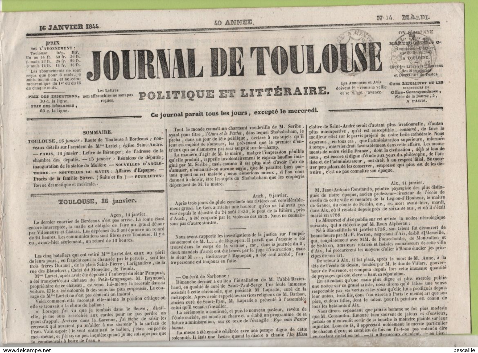 JOURNAL DE TOULOUSE 16 01 1844 - SAUVETAGE D'UNE AERONAUTE - NARBONNE - MAIRE DE TOULOUSE - AIX MORT PEINTRE CONSTANTIN - 1800 - 1849