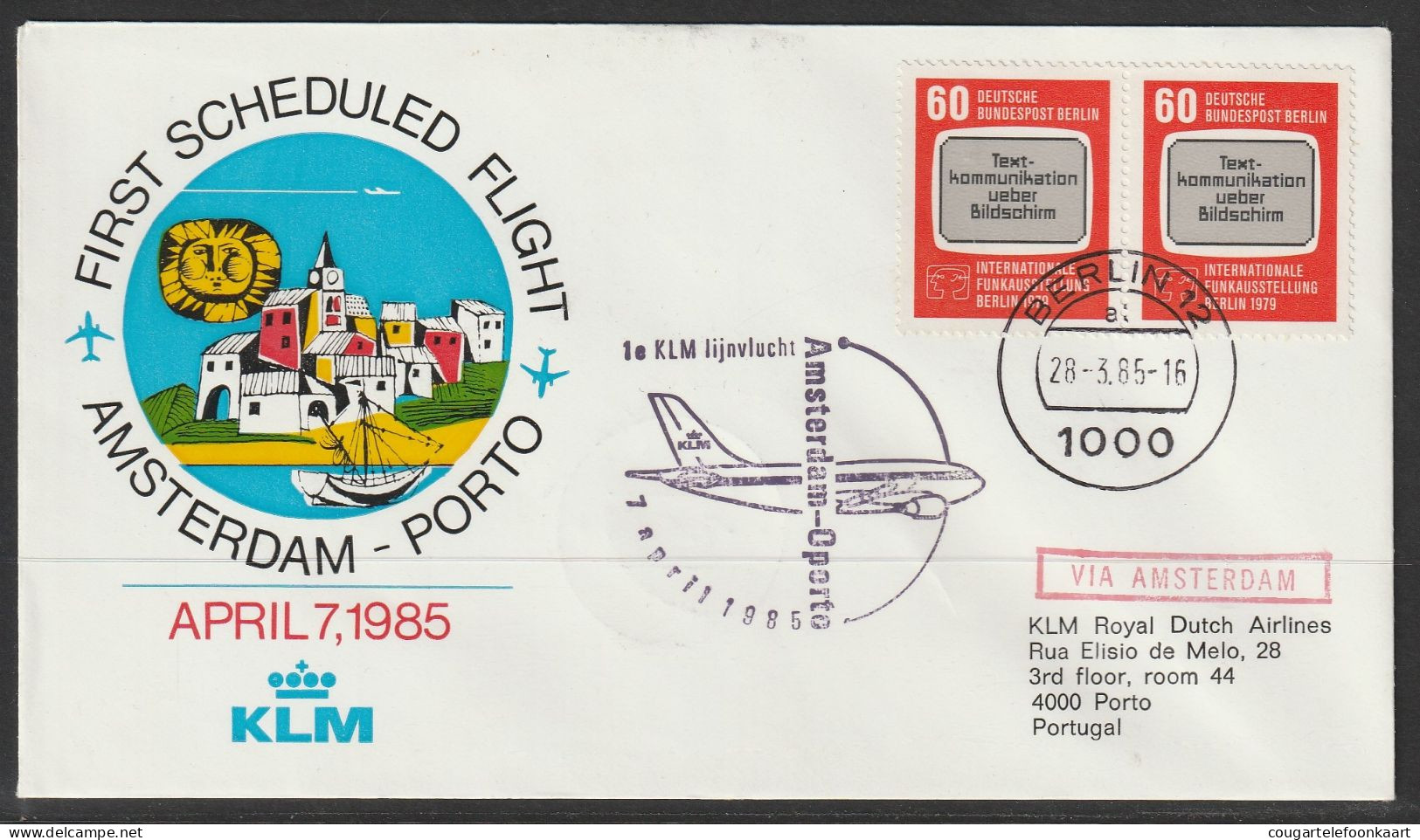 1985, KLM, First Flight Cover, Berlin-Porto Portugal, Feeder Mail - Airmail