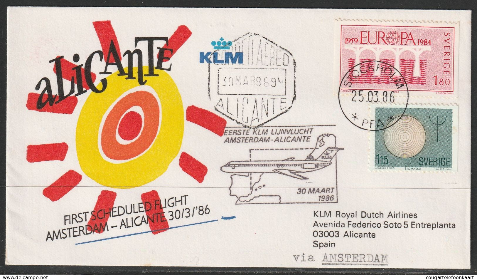 1986, KLM, First Flight Cover, Stockholm Sweden-Alicante Spain, Feeder Mail - Covers & Documents