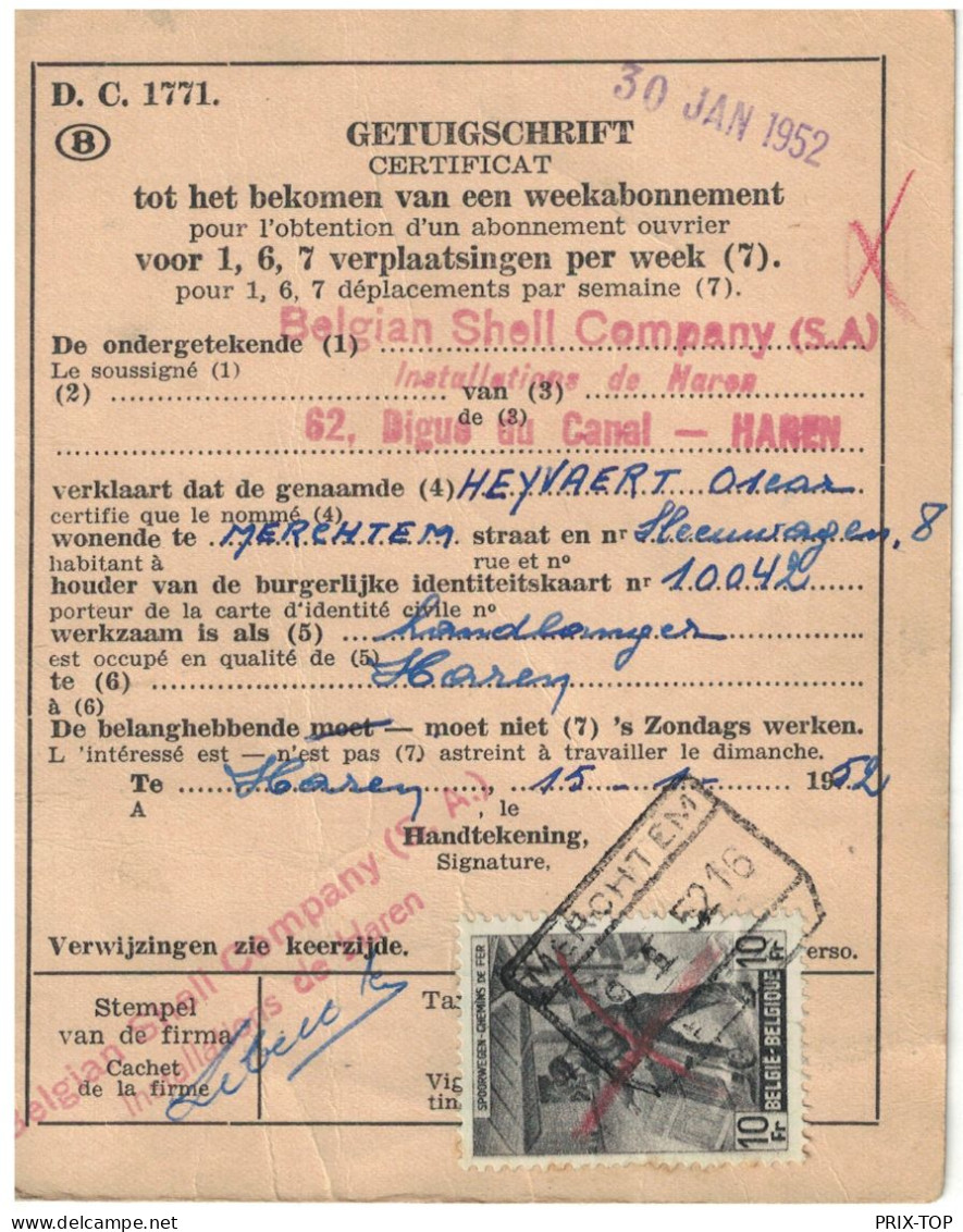 TR283 S/GETUIGSCHRIFT - CERTIFICAT ABTS Ouvrier Merchtem > Haren Belgian Shell Obl. C.F. Merchtem 1952 Croix St André - Documents & Fragments