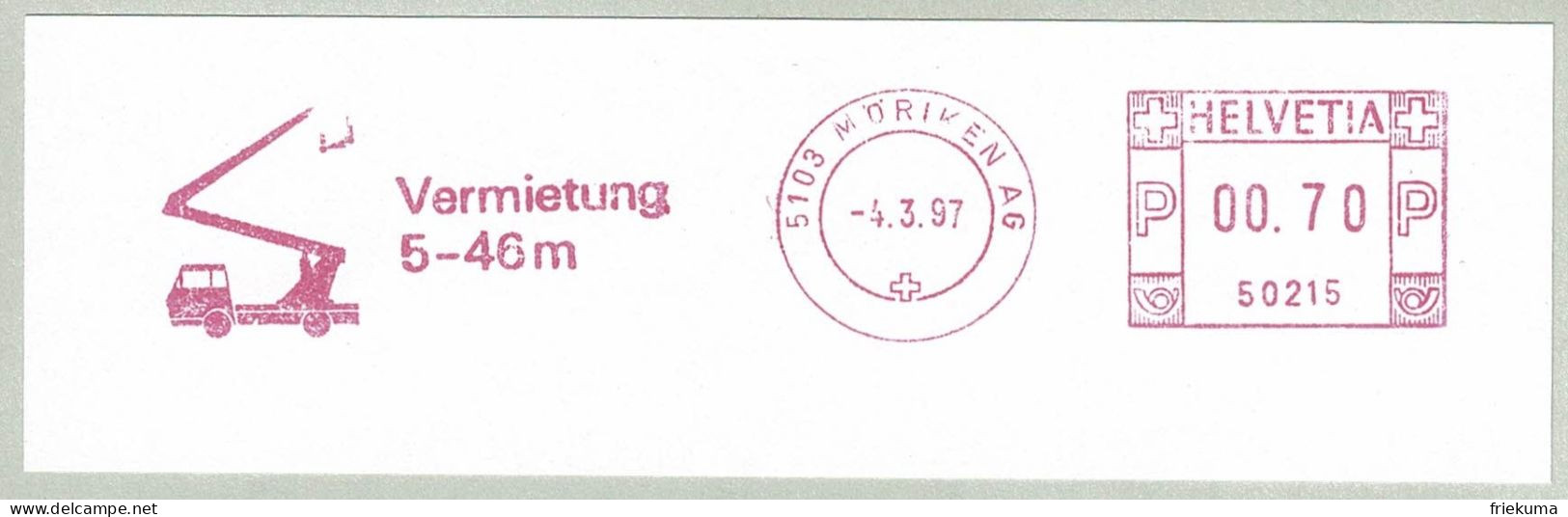 Schweiz / Helvetia 1997, Freistempel / EMA / Meterstamp Möriken, Vermietung Autokrane / Renting Truck Cranes - Camiones