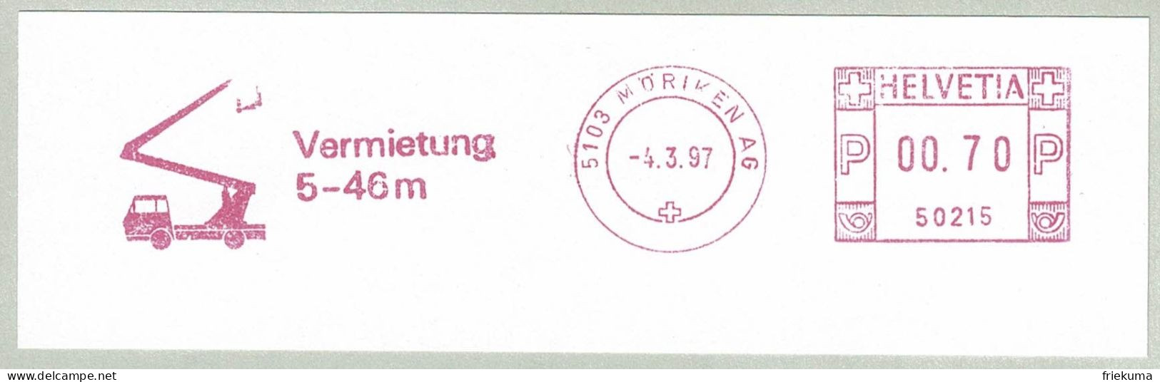 Schweiz / Helvetia 1997, Freistempel / EMA / Meterstamp Möriken, Vermietung Autokrane / Renting Truck Cranes - Trucks