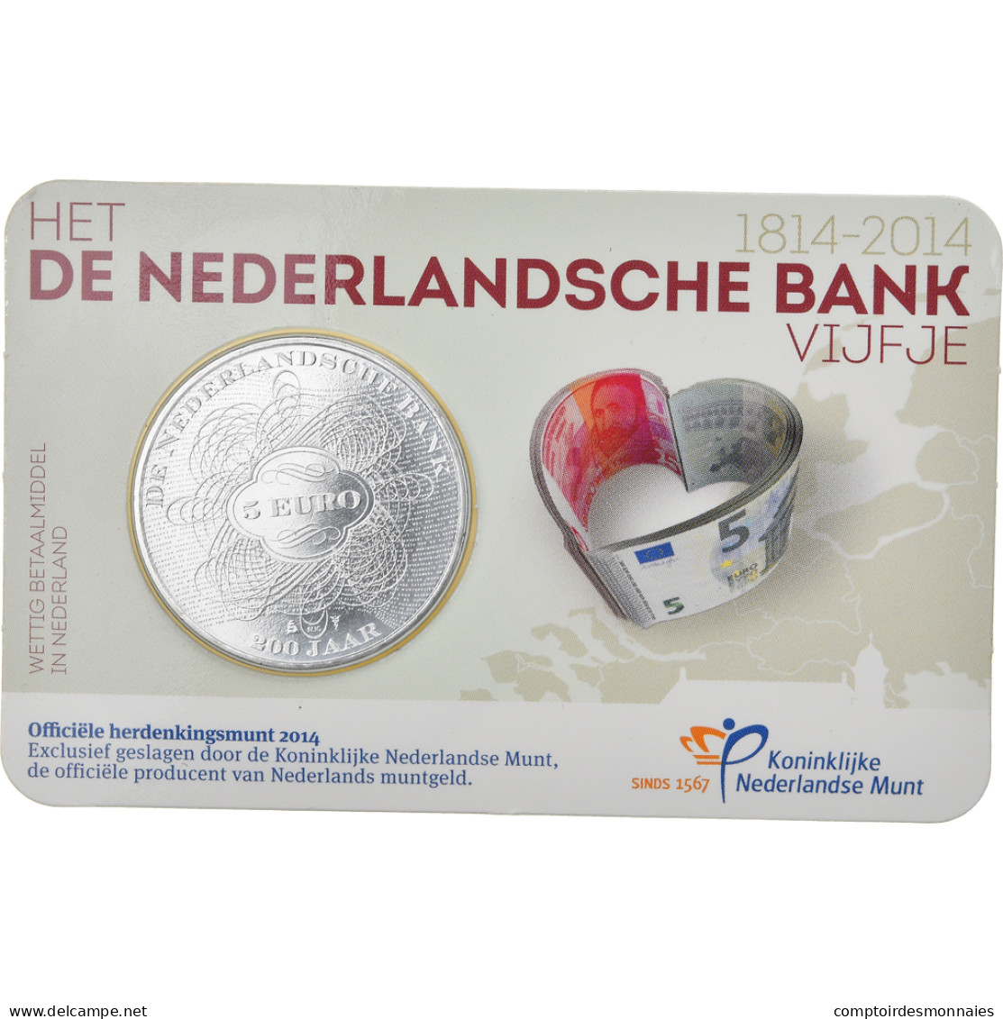 Pays-Bas, 5 Euro, 200th Anniversary Of The Dutch Bank, 2014, FDC, Silver Plated - Pays-Bas
