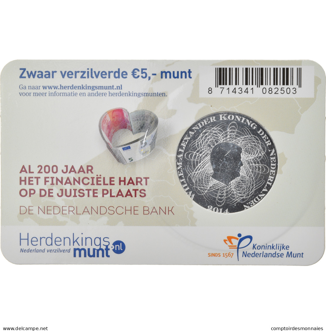 Pays-Bas, 5 Euro, 200th Anniversary Of The Dutch Bank, 2014, FDC, Silver Plated - Netherlands