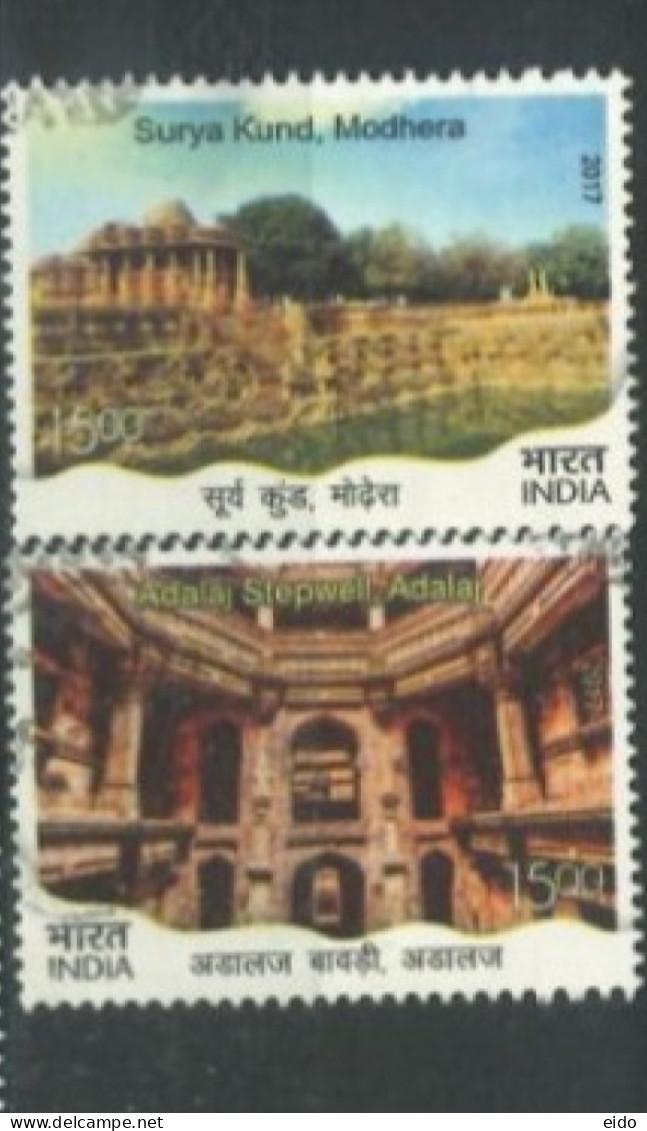 INDIA  - 2017,  SURYA KUND MODHERA & ADALAJ STEPWELL STAMPS SET OF 2, USED. - Gebruikt