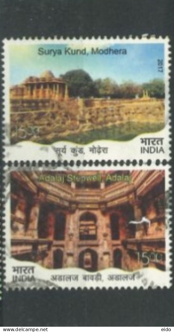 INDIA  - 2017,  SURYA KUND MODHERA & ADALAJ STEPWELL STAMPS SET OF 2, USED. - Gebruikt