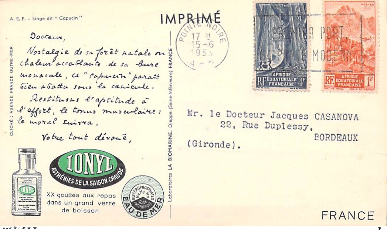 CONGO -PUB La BIOMARINE IONYL-A.E.F. Singe Dit "Capucin"( Timbre Stamp "AFRIQUE EQUATORIALE Cachet POINTE NOIRE 1953 - Pointe-Noire