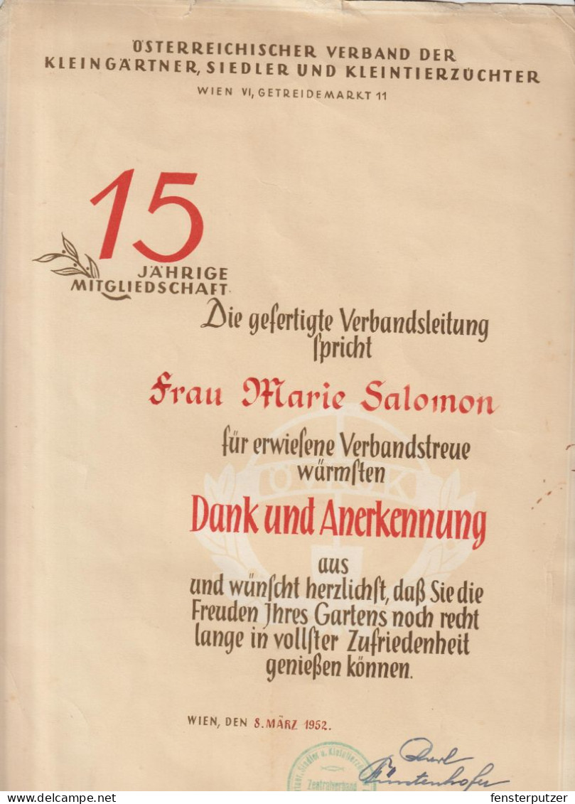 15 Jährige Mitgliedschaft Österreischer Verband Deer Kleingärtner .......... - 8.3.1952 - Autres & Non Classés