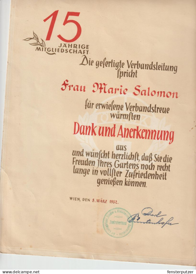 15 Jährige Mitgliedschaft Österreischer Verband Deer Kleingärtner .......... - 8.3.1952 - Autres & Non Classés