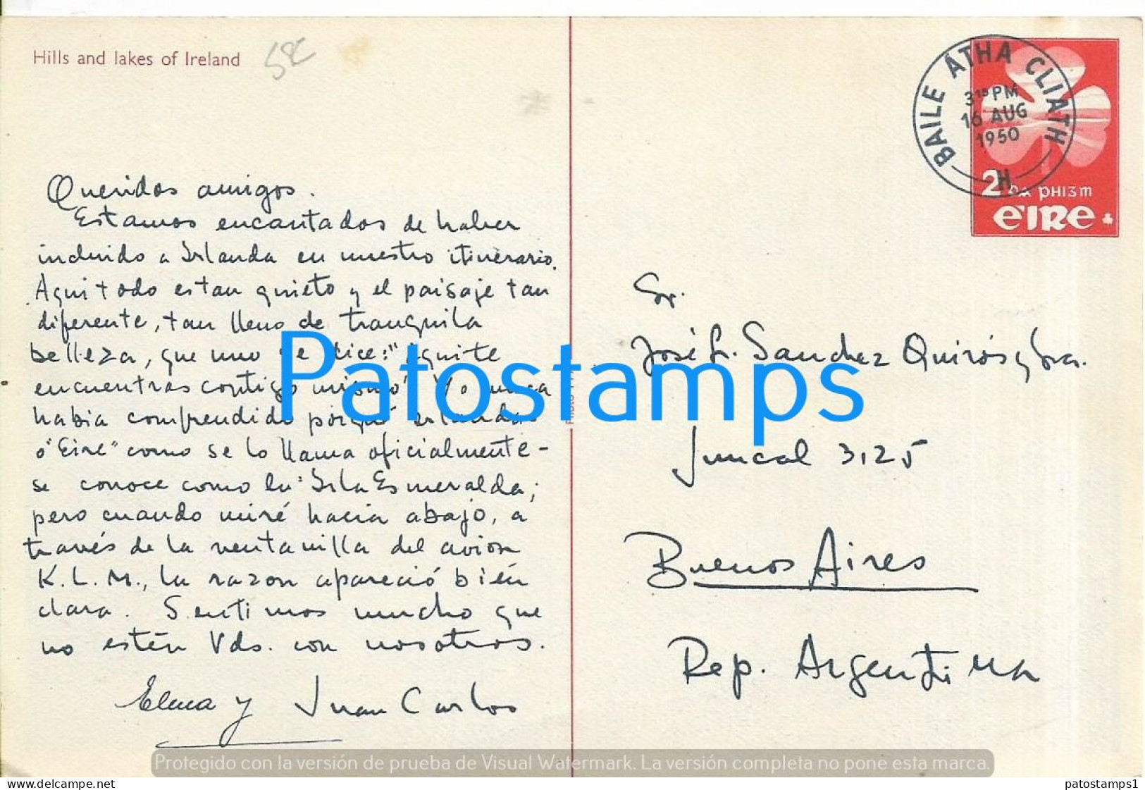 221921 IRELAND EIRE HILLS & LAKES VIEW PARTIAL CANCEL 1950 CIRCULATED TO ARGENTINA POSTAL STATIONERY POSTCARD - Interi Postali