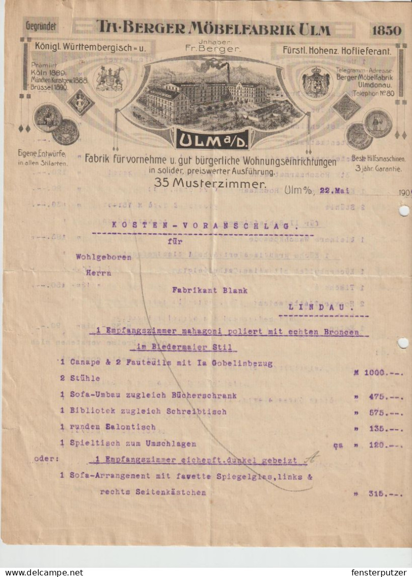 1 Alte Rechnung Von Th. Berger, Ulm A/D - 22.5.1906 - 4 Seiten - 1900 – 1949