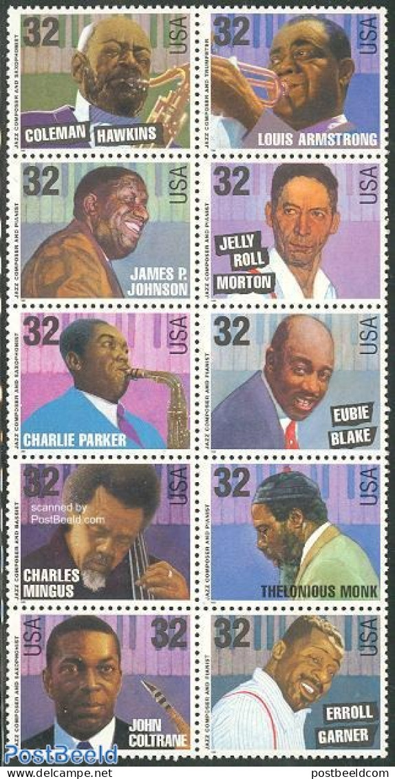 United States Of America 1995 Jazz 10v [++++], Mint NH, Performance Art - Jazz Music - Music - Popular Music - Unused Stamps