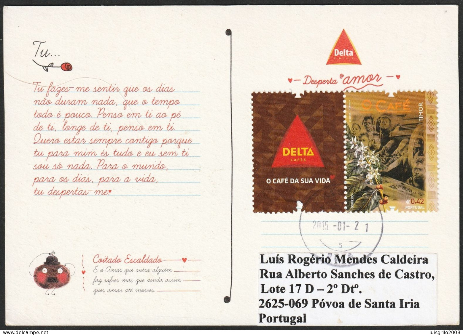 Postcard Delta Cafés - Stamp + Vignette > Mundifil 4505A -|- Postmark - Bobadela. 2015 - Brieven En Documenten