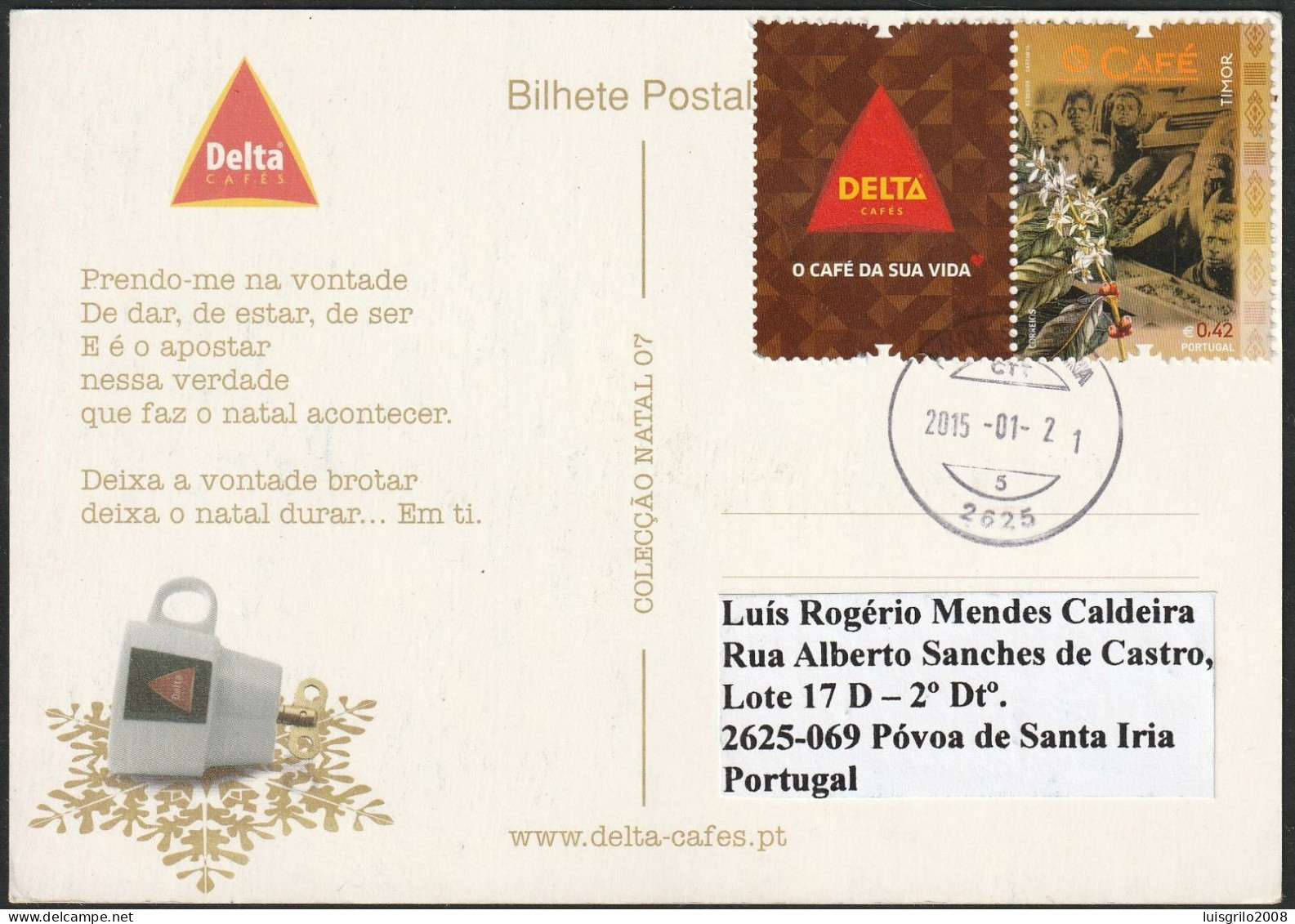 Postcard Delta Cafés - Stamp + Vignette > Mundifil 4505A -|- Postmark - Bobadela. 2015 - Storia Postale