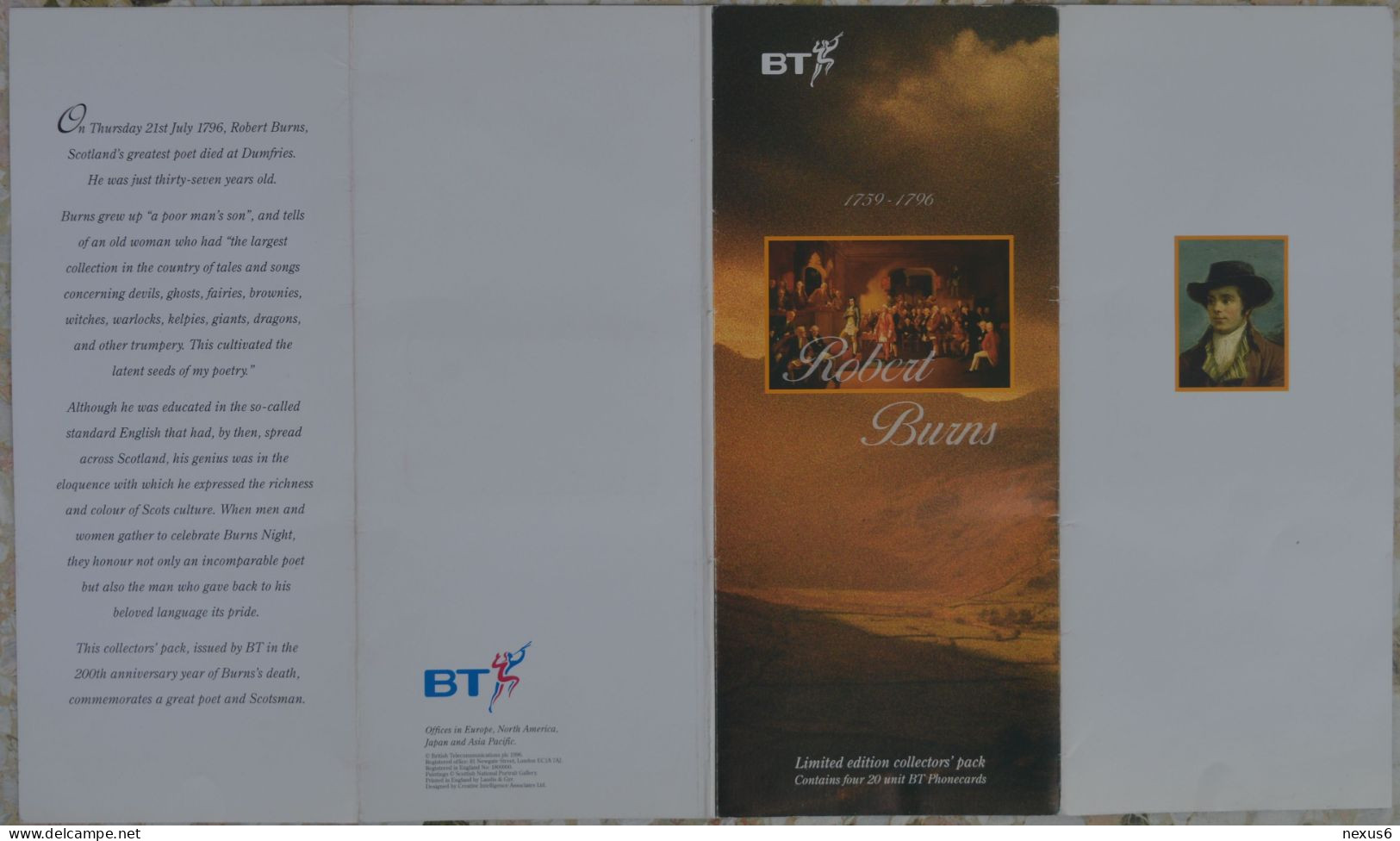 UK - BT - L&G - BTI-181-4 - Robert Burns Poet 200th Death Anniv. Complete Set Of 4 Cards, 1996, 20U, Mint In Folder - BT Emissioni Interne
