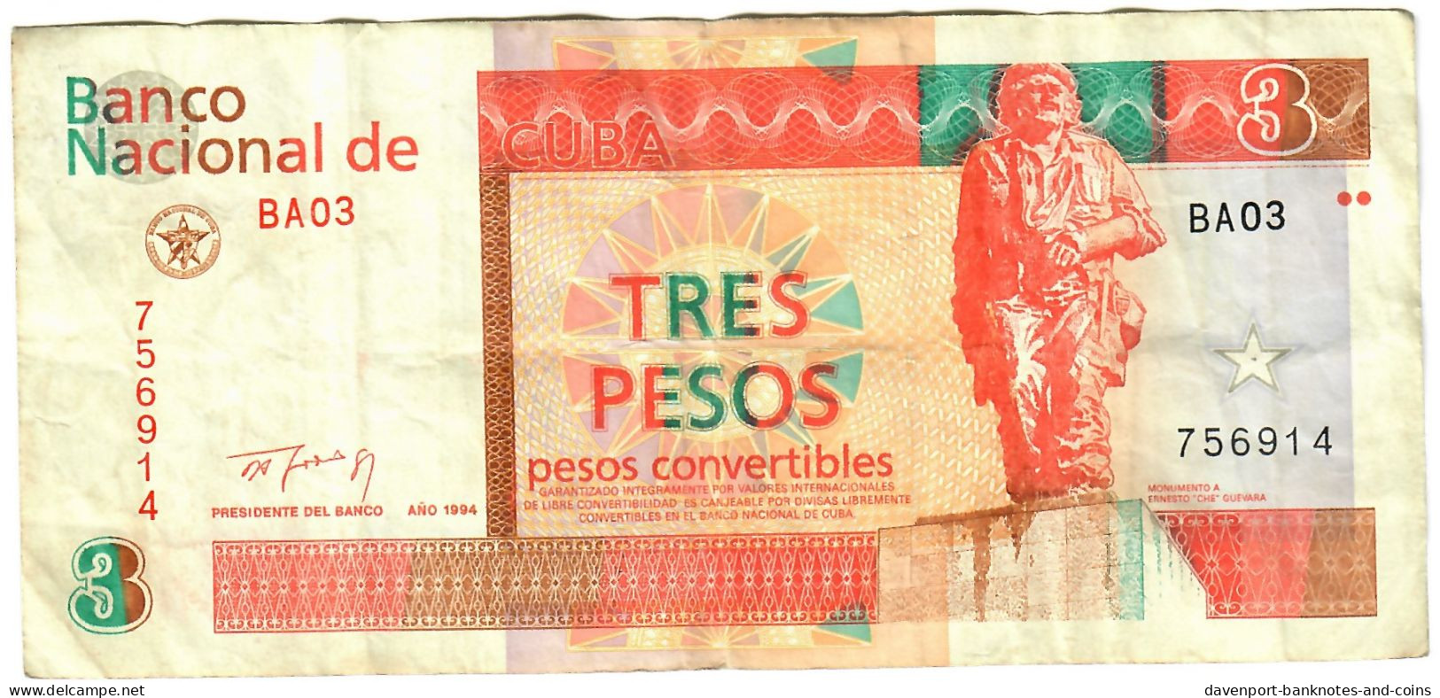 Caribbean 3 Pesos Convertibles 1994 F/VF - Kuba