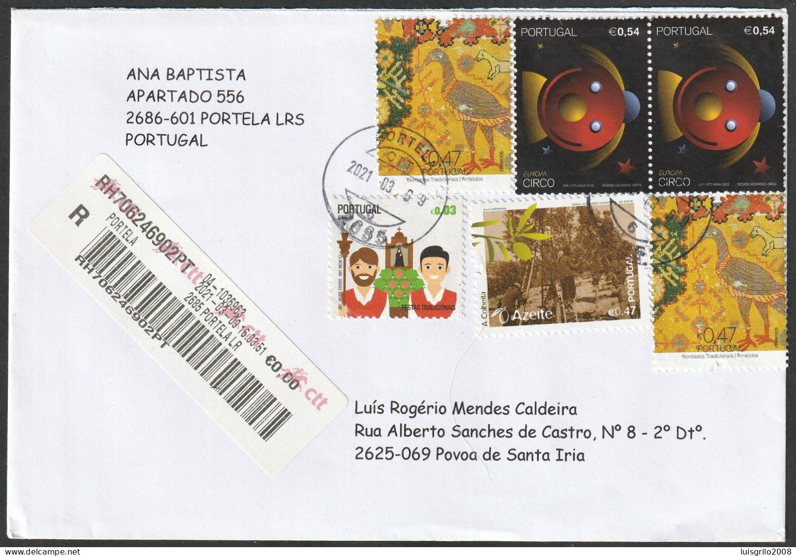 Cover - Portela Loures > Póvoa Santa Iria -|- Postmark- Portela. 2021. Registered - Briefe U. Dokumente