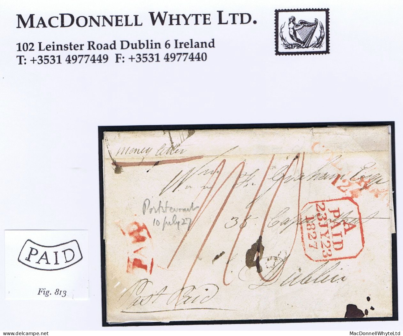 Ireland Registration Derry 1827 "Money Letter" To Dublin Paid Double "1/10" With Arc PAID Of Coleraine COLERAIN/124 - Prephilately