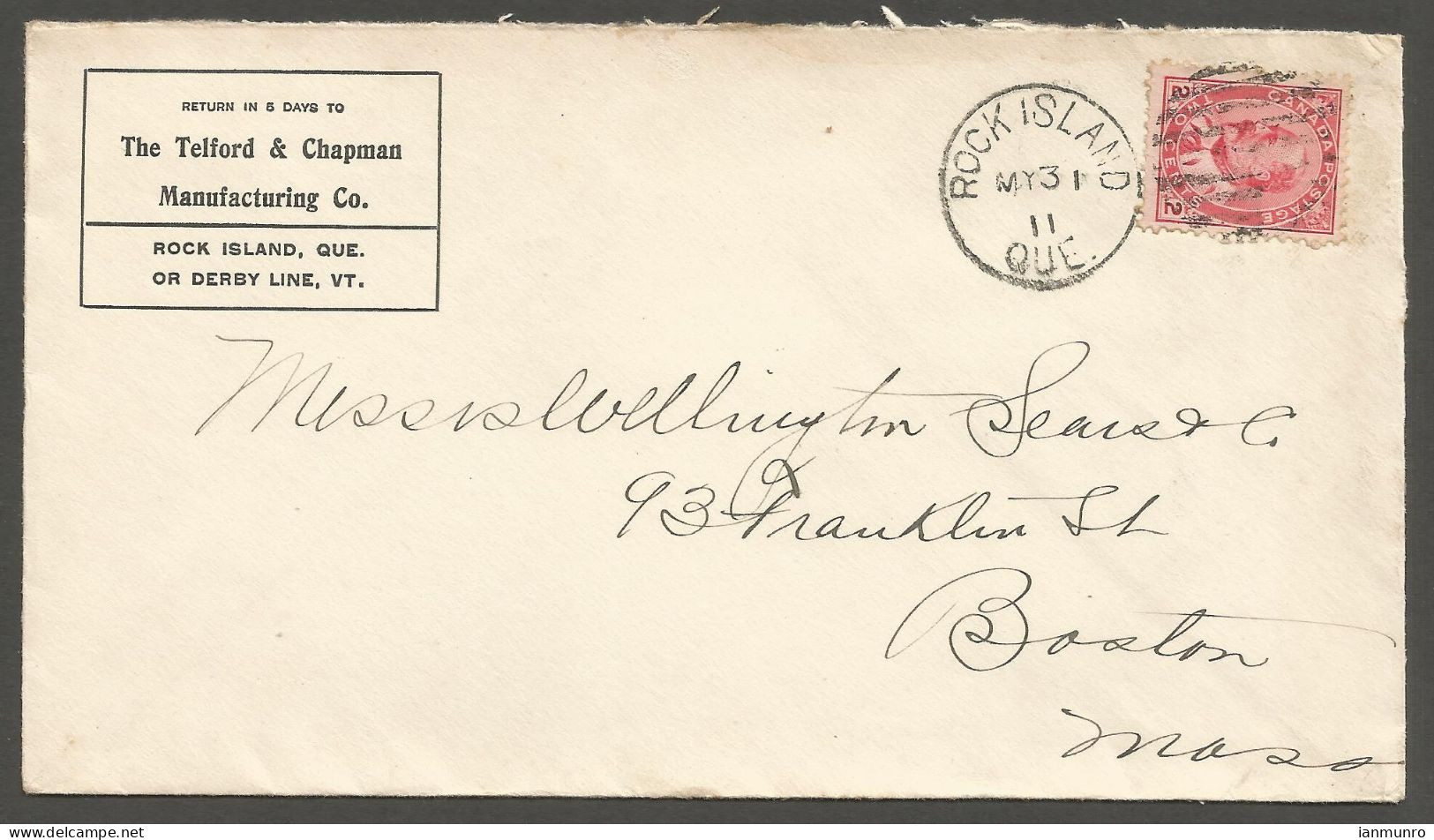 1911 Telford & Chapman Manufacturing Advertising Cover 2c Edward Rock Island PQ Quebec - Historia Postale