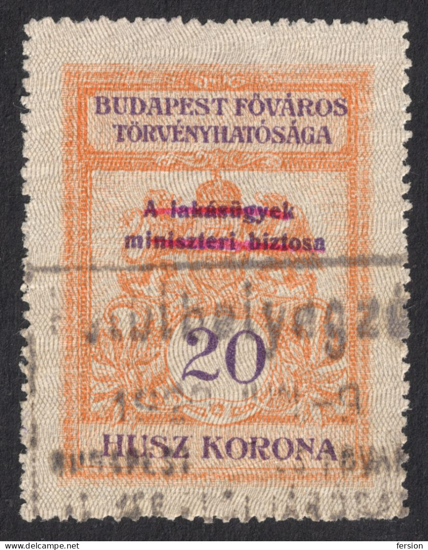 1919 Hungary - Housing / Flat Tax Revenue Stamp / BUDAPEST Local City OVERPRINT - 20 K - Used / Coat Of Arms - NO. 8 - Fiscale Zegels