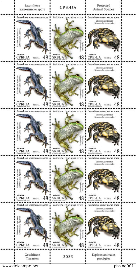 Serbia 2023 Fauna Protected Animals Amphibians Frogs Alpine Newt European Tree Frog Fire Salamander Mini Sheet MNH - Grenouilles