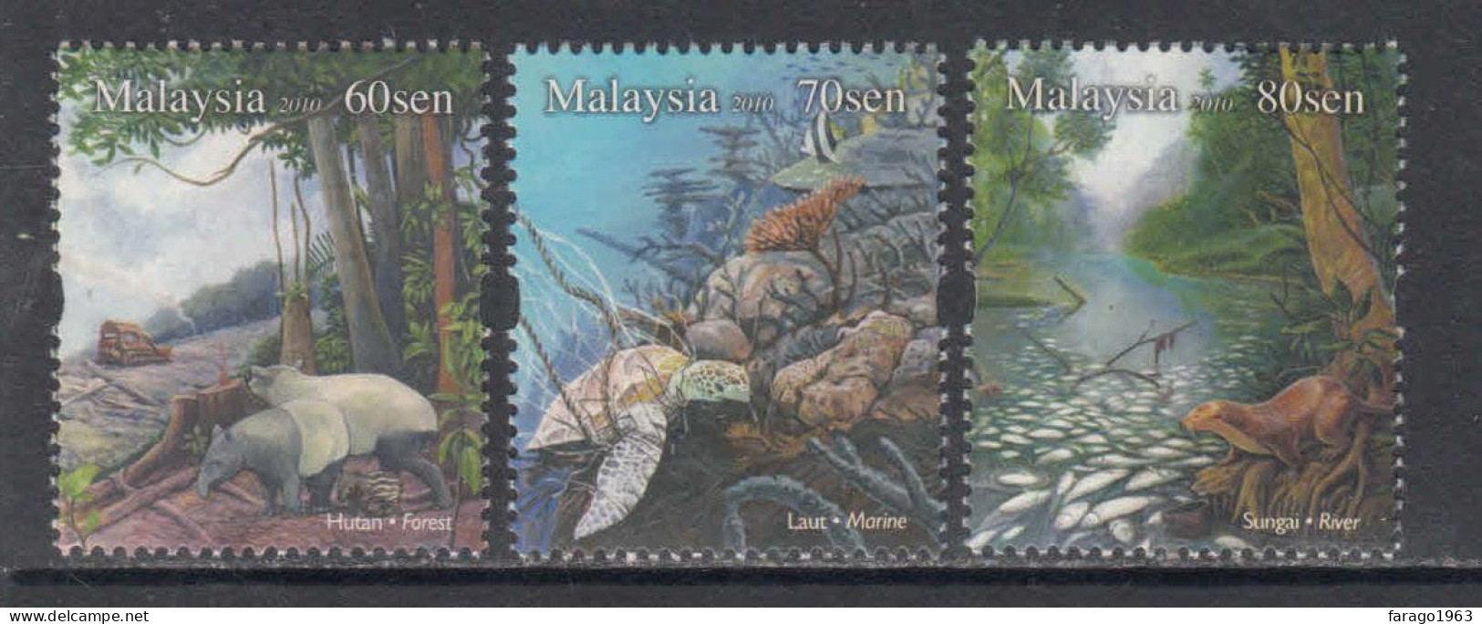 2010 Malaysia Threatened Habitats Turtles Otters Tapir Environment Complete Set Of 3 MNH - Malaysia (1964-...)